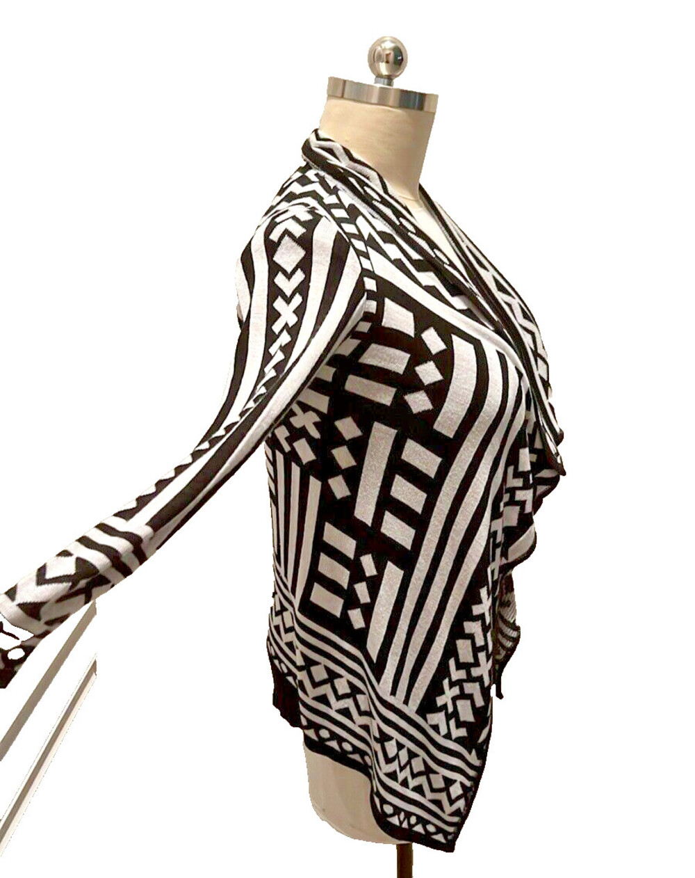 Say What | Black and White Geometric Draped Open Cardigan Sweater